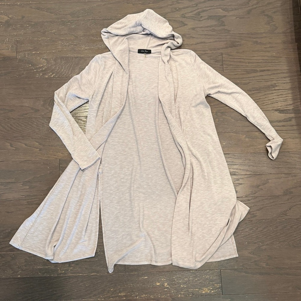 Laila Jayde Womens Oatmeal Heather Hooded Open Front Longline Cardigan Duster S